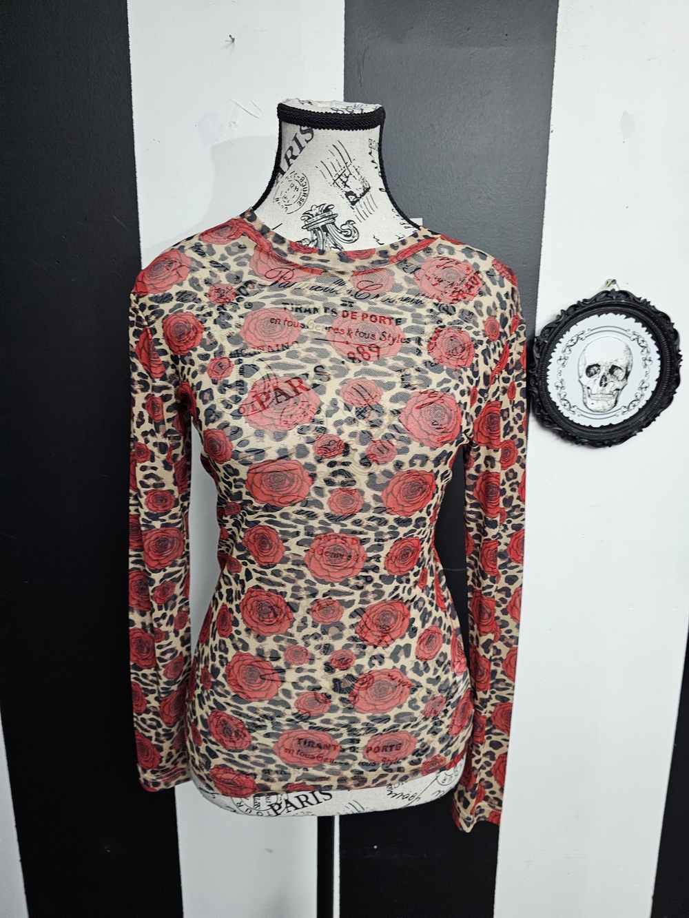 Women's Beige Long-Sleeve Top with Red Rose Print